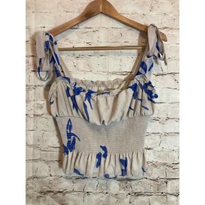 Wilfred Babydoll Top Womens Medium Beige & Blue Floral Smocked Tie Sleeves Boho